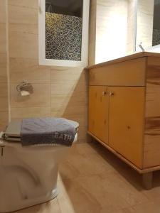 een badkamer met een wastafel en een toilet met een handdoek erop bij CASA RAIA in Braşov