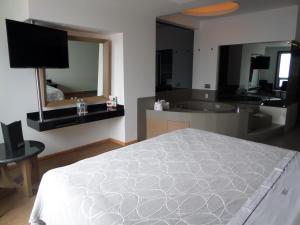 um quarto com uma cama grande e uma banheira em Novo Coapa em Cidade do México