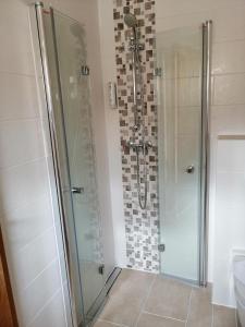 a shower with a glass door in a bathroom at Hotel Christoffel in Niederau