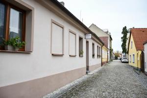 a cobblestone street in a town with buildings at Ubytování Pod Světem-rodinný dům in Třeboň