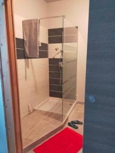 une douche avec une porte en verre et un tapis rouge dans l'établissement Julio César Poligny Jura, à Poligny