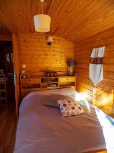 a bedroom with a bed in a wooden cabin at Les Chambres de la Weiss in Kaysersberg