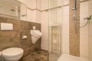 a bathroom with a toilet and a glass shower at Familien-Apartment 6 in Meersburg +16 photos