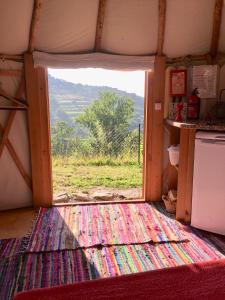a window in a room with a view of a field at Woodpecker Yurt in Santa Cruz do Douro