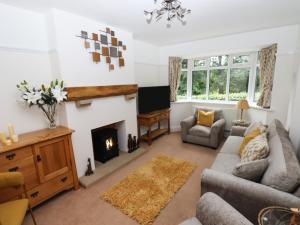 a living room with a couch and a fireplace at Woodlands in Matlock