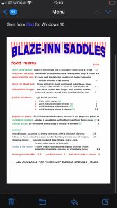 a screenshot of the blaze inn saddles food menu at The Cherry Tree Gypsy Wagon in Banbury
