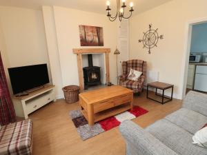 sala de estar con chimenea y TV en 1 Roddam Rigg Cottage, en Alnwick