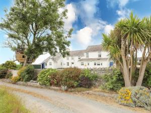 a white house with palm trees and a dirt road at Bodlasan Groes House in Holyhead