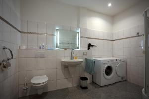 un bagno con un lavandino del water e una lavatrice di Ferienwohnung ,,Zum Kaiser'' a Goslar Altre 14 foto
