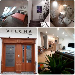 un collage de quatre photos d'une pièce dans l'établissement Apartmány Viecha, à Bardejov