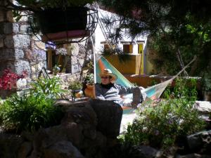 un uomo seduto su un'amaca in un giardino di Casa Curtos a Real de Catorce