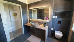y baño con lavabo, aseo y espejo. en Lemonvilla - Rustico in Panoramalage en Castignano
