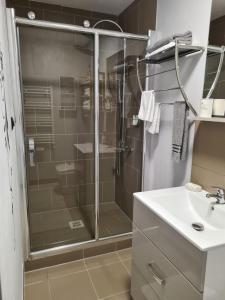 a bathroom with a glass shower and a sink at Casa Cibian in Braşov