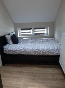 un letto in una camera con due finestre di Chez Vivi a Ans