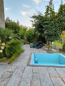 una piscina blu in mezzo a un giardino di Quinta da Tia a Baiões