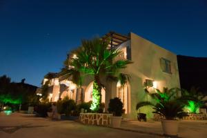 un edificio con una palmera delante de él por la noche en Elpiniki, en Alinda