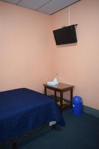 a room with a bed and a table and a tv at Hotel Asunción in Guatemala