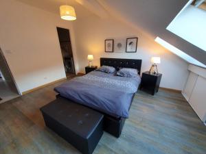 1 dormitorio con 1 cama, 2 mesas y 2 lámparas en Appartement spacieux en Salins-les-Bains