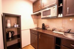 eine kleine Küche mit einer Spüle und einer Mikrowelle in der Unterkunft Clabucet Studio in Predeal