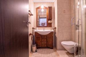 a bathroom with a sink and a toilet and a mirror at Clabucet Studio in Predeal