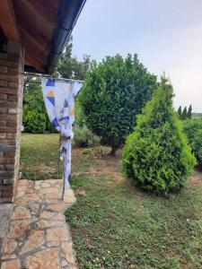 a blue and white umbrella on the side of a house at Apartmani Neven in Irig