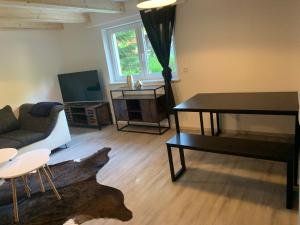 Mildenau的住宿－Ferienhaus Pfefferminzhütte，客厅配有钢琴和沙发
