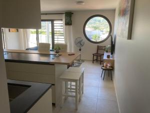 パペーテにあるStanding Residence Tevaiのキッチン、リビングルーム(カウンター、テーブル付)