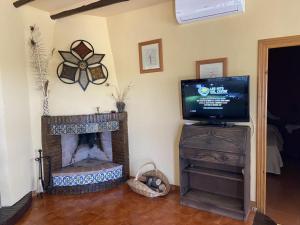 a living room with a tv and a fireplace at Cortijo rural Archidona in Archidona