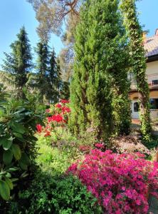 un jardín con flores rosas frente a un edificio en Ośrodek Varia, en Mielno