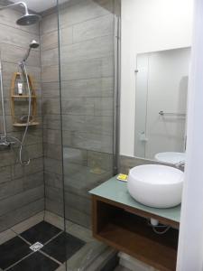 La salle de bains est pourvue d'un lavabo et d'une douche en verre. dans l'établissement Pied à terre du front de mer, à Papeete