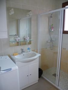 baño blanco con ducha y lavamanos en Les Cyclamens en Saint-Jean-de-Maurienne