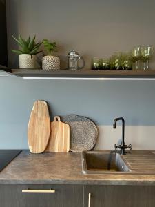 a kitchen counter with a sink and glasses on a shelf at Arctic Loft Apartments in Akureyri