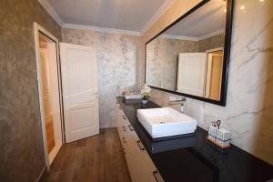 a bathroom with a sink and a mirror at Luxury Apartment Central in Târgu-Mureş