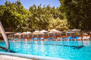 a swimming pool with chairs and umbrellas at Kfar Maccabiah Business & Sport Hotel in Ramat Gan