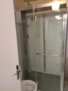 een badkamer met een glazen douche met toilet bij Studio Galy in Metz