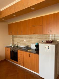 - une cuisine avec des placards en bois et un réfrigérateur blanc dans l'établissement Apartman Joja, à Bar
