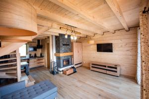 a large living room with a fireplace and a tv at Pod Brzozka in Cisna