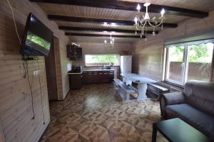 a living room with a couch and a tv and a kitchen at Коттедж Злата in Svityazʼ