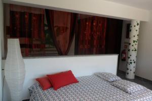 a bedroom with a bed with two red pillows at studio Mira in Abragão