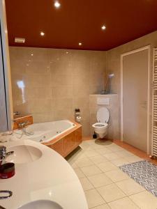 La salle de bains est pourvue d'une baignoire, de toilettes et d'un lavabo. dans l'établissement Boukje har Bêd en Brochje, à Bergum