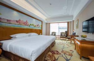 um quarto de hotel com uma cama grande e uma secretária em Vienna International Hotel Xinyang Yangshan New District em Xinyang