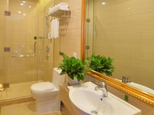 een badkamer met een toilet, een wastafel en een spiegel bij Vienna International Hotel Meizhou Dingzi Bridge in Meizhou
