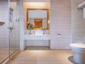 Vienna Hotel Yangjiang Jiangcheng District في يانغجيانغ: حمام مع حوض ومرحاض ومرآة