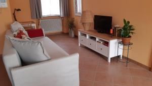 uma sala de estar com um sofá branco e uma televisão em Cascina in Alto Piemonte / Piedmont countryhouse em Lozzolo