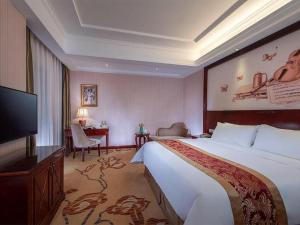 Una habitación de hotel con una cama grande y un televisor de pantalla plana. en Vienna Hotel Shenzhen Longzhu, en Shenzhen