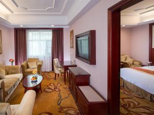a hotel room with a bed and a living room at Vienna Hotel Shenzhen Exhibitian Center 2nd in Shenzhen