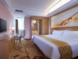 een hotelkamer met een groot bed en een televisie bij Vienna 3 Best Hotel Guangzhou Panyu Jinjiang Ave in Guangzhou