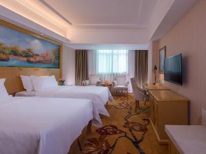 a hotel room with two beds and a television at Vienna Hotel Shenzhen Luofang in Shenzhen