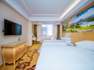 a hotel room with two beds and a flat screen tv at vienna hotel (HuaZhong Agricultural University in South Lake Store) in Wuhan