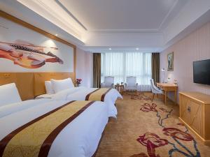 Habitación de hotel con 2 camas y TV de pantalla plana. en Vienna Hotel(mei zhou wu hua), en Daba